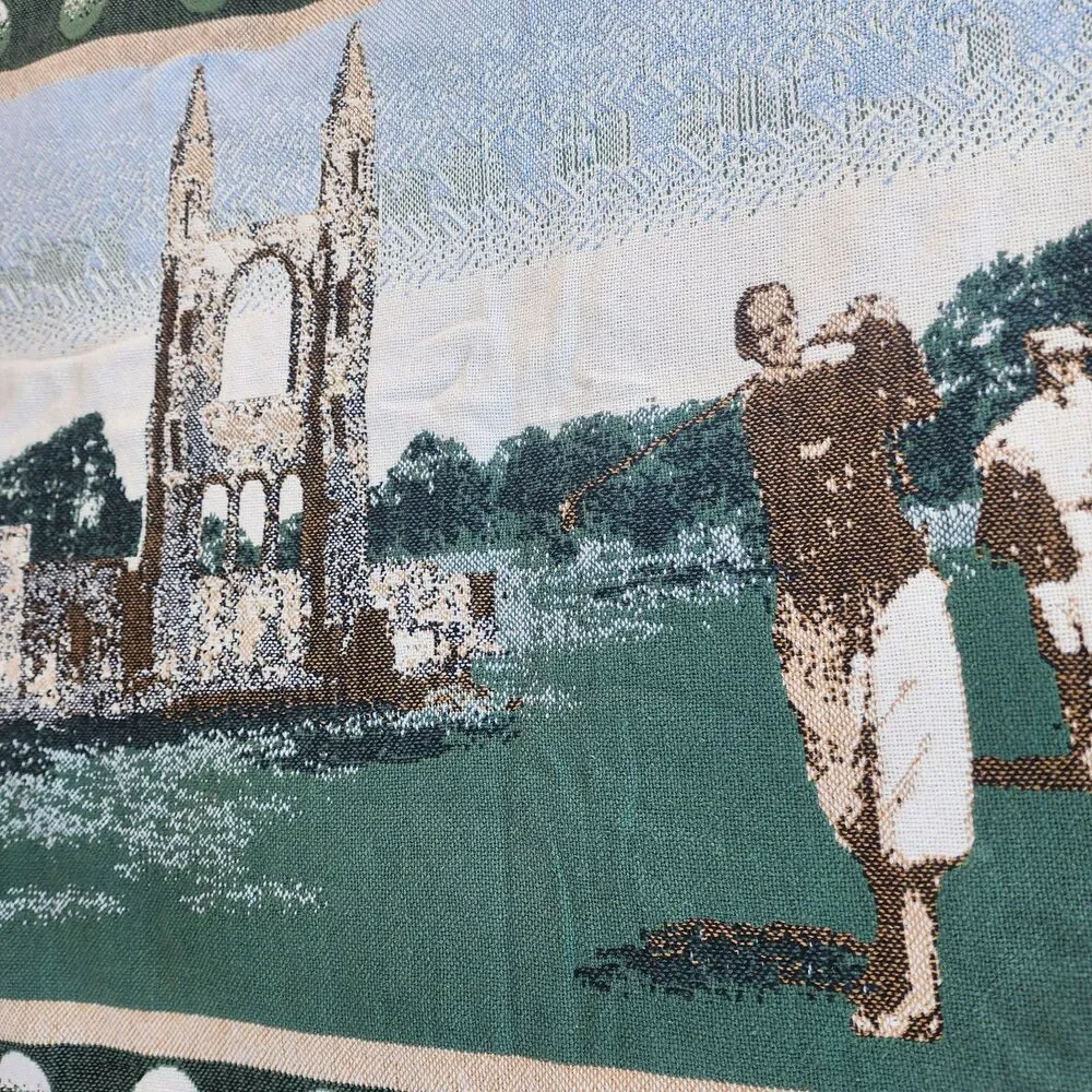 Vintage Golf Tapestry Throw‎ Blanket 67x45 Argyle Fringe Woven Scenic